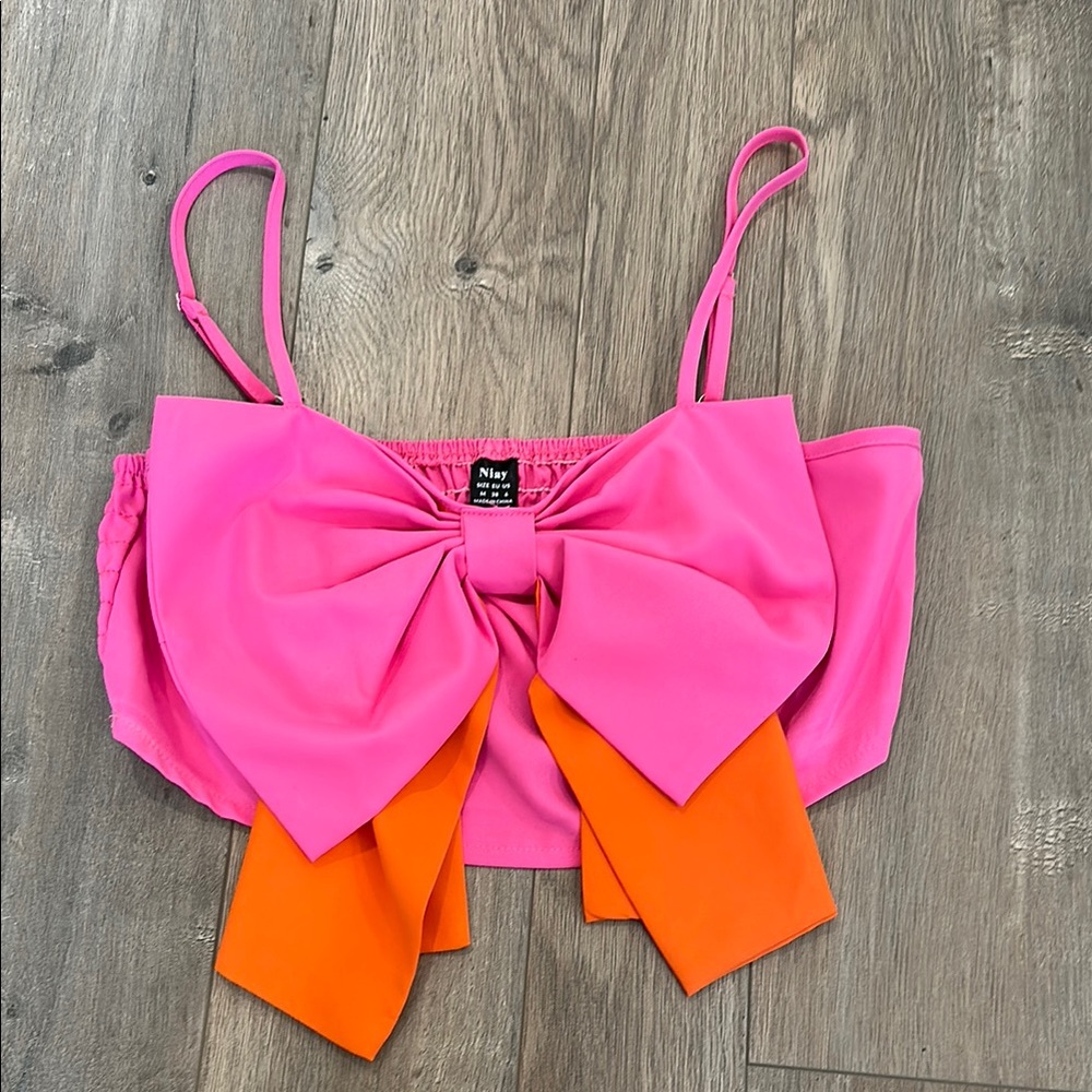 Pink and Orange Embellished Tie Front Crop Top